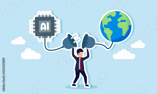 A businessman holds two power plugs connected to an AI chip and a globe, illustration of the importance of global encyclopedia knowledge for AI development