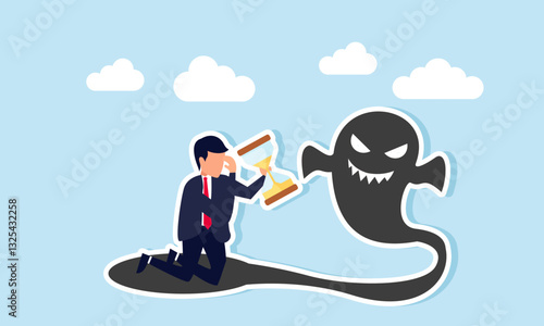 A businessman feels scared and hands over the clock trophy he carries to his shadow forming a ghost, illustration of mental downfall despite having strong attributes in time management