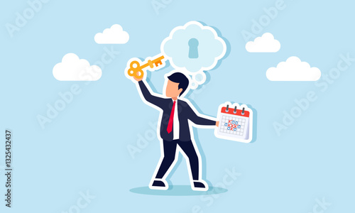 A businessman carries a schedule and a key to insert into a keyhole in a cloud of imagination, illustration of business solutions using effective and efficient thinking on time management