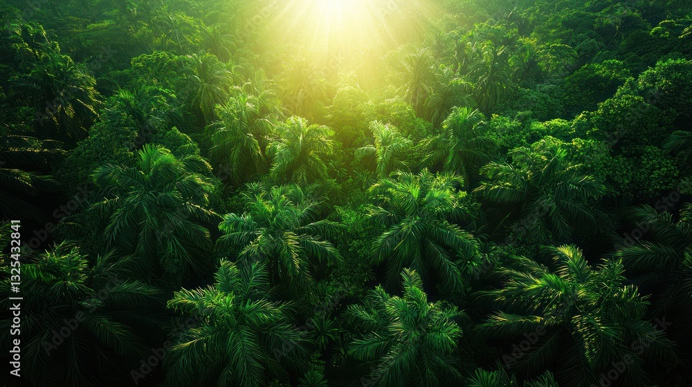 Obraz premium Aerial view of lush green palm trees in sunlight.