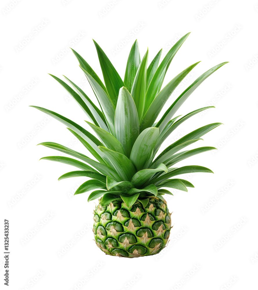 Fototapeta premium Fresh Tropical Pineapple with Vibrant Green Crown Leaves and Golden Yellow Diamond Pattern Fruit, Exotic Summer Produce Isolated on Transparent and White Background