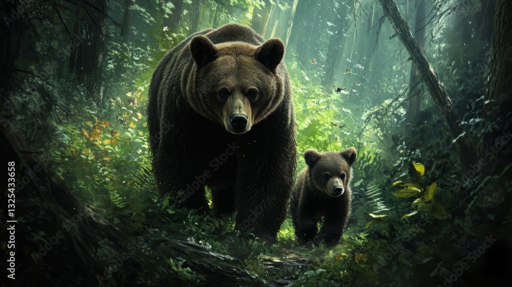 Protective Mother Bear and Cub Trekking Through Lush Forest Wilderness Protective Mother Bear and Cub Trekking Through Lush Forest Wilderness