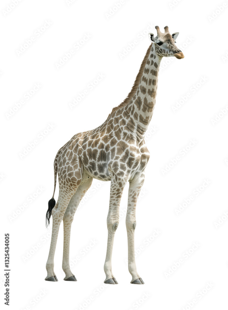 Naklejka premium Majestic African Giraffe Standing Tall with Distinctive Pattern Markings and Long Graceful Neck, Wild Safari Animal in Natural Pose Isolated on Transparent and White Background