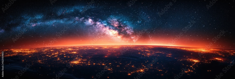 Fototapeta premium Stellar Earth Connection Luminous Milky Way Over Mountain Peaks - Nature for Adventure Travel and Eco-Conscious Marketing