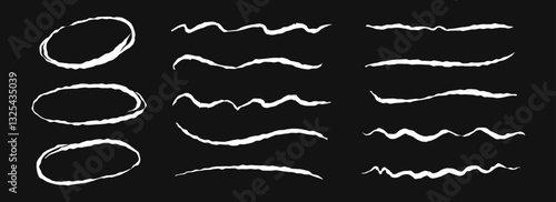 Hand drawn chalk circles and lines set. White pastel underlines and strokes collection. Wavy crayon brushstroke bundles. Rough sketched marks and highlights to divide, separate and emphasis. Vector