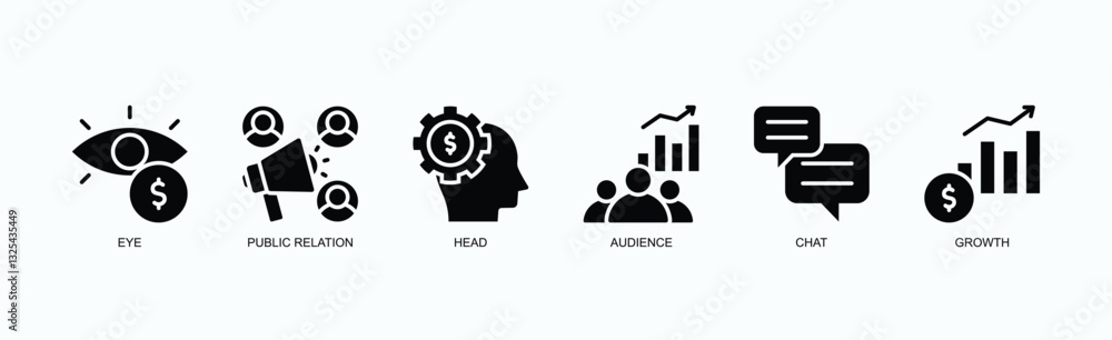 Strategies For Visibility, Engagement, And Growth Icon Set Isolated Vector Illustration Concept With Icon Of Eye, Public Relation, Head, Audience, Chat, Growth In Glyph Style Strategies For Visibility, Engagement, And Growth Icon Set Isolated Vector Illustration Concept With Icon Of Eye, Public Relation, Head, Audience, Chat, Growth In Glyph Style
