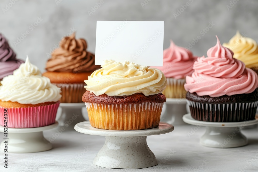 Assorted Cupcakes with Creamy Frosting Displayed on Pedestals Assorted Cupcakes with Creamy Frosting Displayed on Pedestals