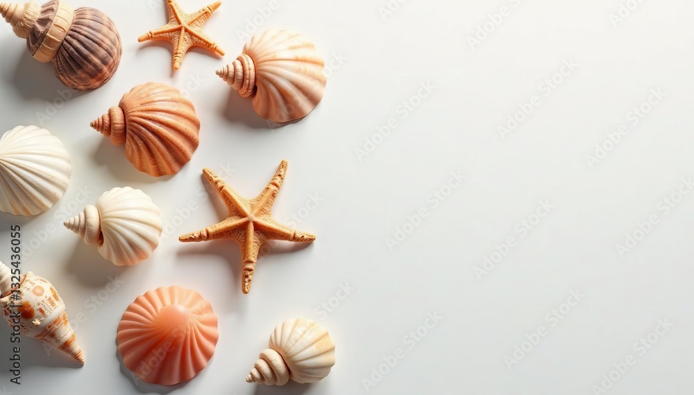 Close-up of assorted seashells on sleek white background, textured, tropical, beach Close-up of assorted seashells on sleek white background, textured, tropical, beach