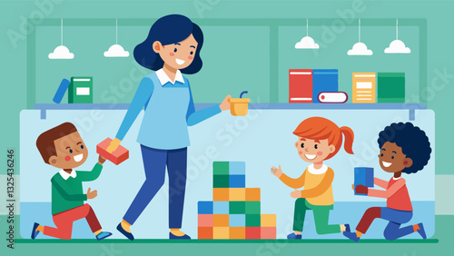 In a classroom a teacher guides her students as they drag and drop blocks to create a fun animation together.. Vector illustration