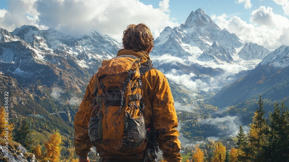 Hiker admiring majestic snow-capped mountains. Hiker admiring majestic snow-capped mountains.