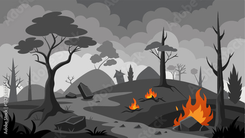 Trees shrubs and plants that once provided lifesustaining nourishment now lay in ruins their vibrant colors rep by shades of black and gray. The flames have ravaged the land. Vector illustration
