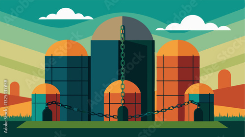 The silos doors are chained shut a symbol of the end of an era. The decline in agricultural productivity has forced the owner to seal off their once prized possession.. Vector illustration