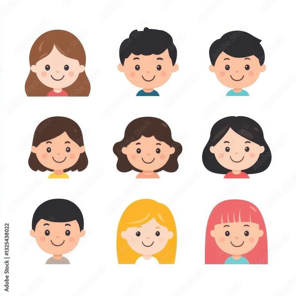 Diverse Cartoon Faces Featuring Children with Various Hairstyles and Expressions Diverse Cartoon Faces Featuring Children with Various Hairstyles and Expressions