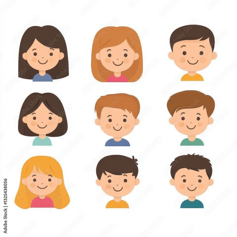 Nine Smiling Cartoon Characters with Different Hairstyles and Outfits Nine Smiling Cartoon Characters with Different Hairstyles and Outfits