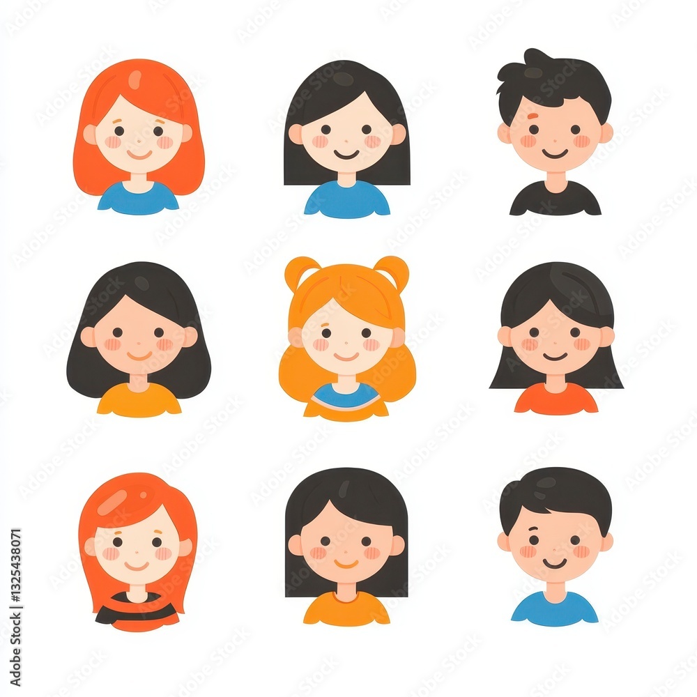 Cute cartoon characters of diverse young people in friendship setting Cute cartoon characters of diverse young people in friendship setting