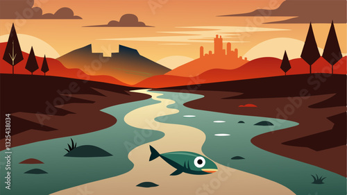 The sight of the polluted river is a stark contrast to its former glory now resembling a toxic wasteland more than a source of livelihood for the surrounding communities. Dead fish. Vector