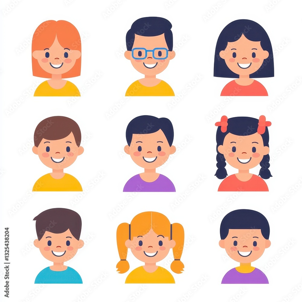 Colorful Cartoon Faces of Children with Smiling Expressions Colorful Cartoon Faces of Children with Smiling Expressions