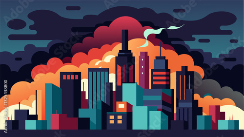 Thick dark clouds hung over the otherwise vibrant cityscape a subtle reminder of the looming economic and social disparities within its concrete walls.. Vector illustration