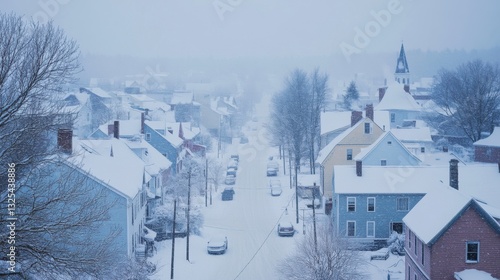 Fototapeta Naklejka Na Ścianę i Meble -  Snowstorm sweeping through a small town, streets and