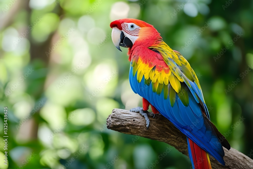 Obraz premium Vibrant Parrot Perched on Branch in Tropical Rainforest