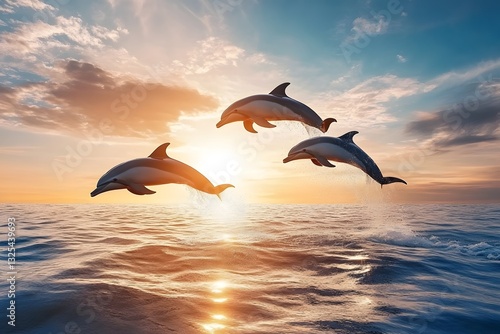 Playful Dolphins Leaping at Sunset Over Tranquil Ocean