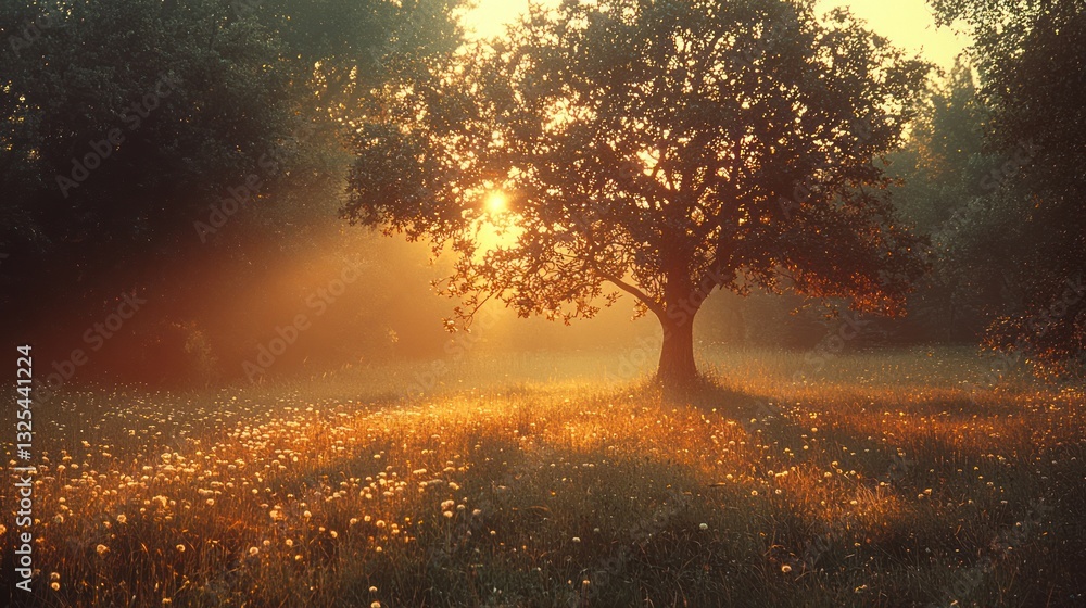 Sunrise illuminating solitary tree in misty field. Sunrise illuminating solitary tree in misty field.