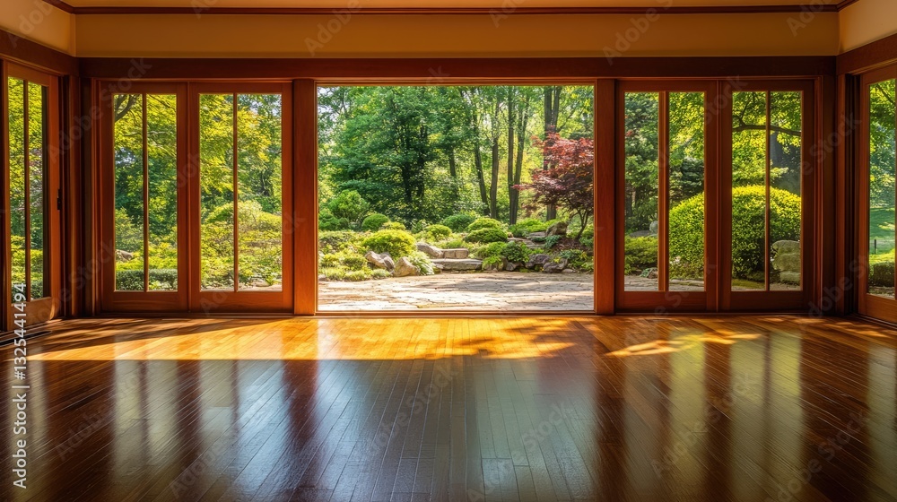 Obraz premium Double-folding doors opening to a tranquil Zen garden.