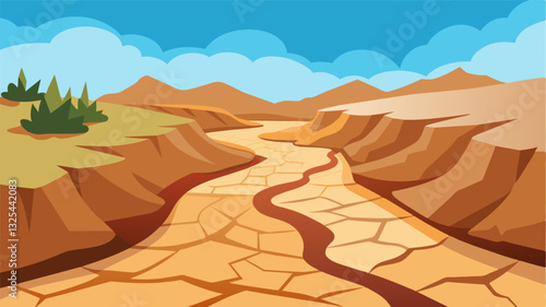 The usually flowing river had vanished leaving behind a dry and cracked riverbed a clear sign of the severe drought.. Vector illustration