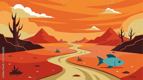 The stench of decay hangs heavy in the air as the lifeless riverbed gives way to the harsh reality of water scarcity. The motionless fish their scales dulled by the sun are a. Vector illustration