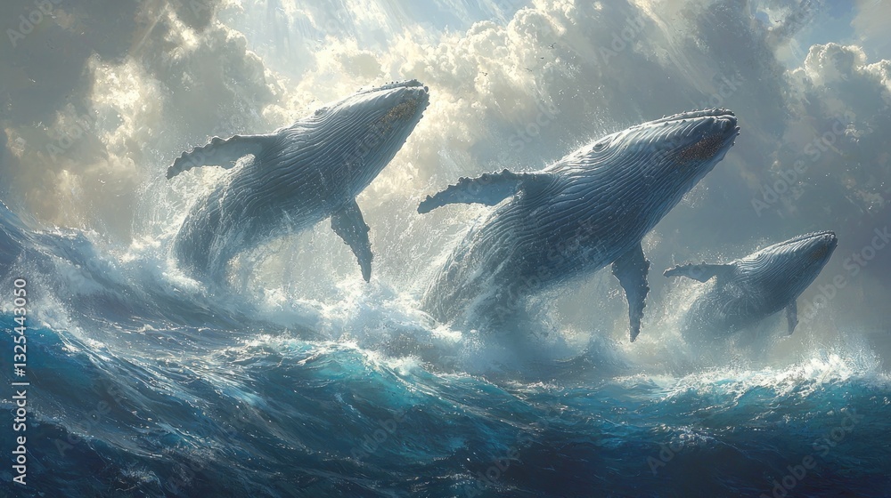 Fototapeta premium Three whales leaping from ocean waves under dramatic sky.