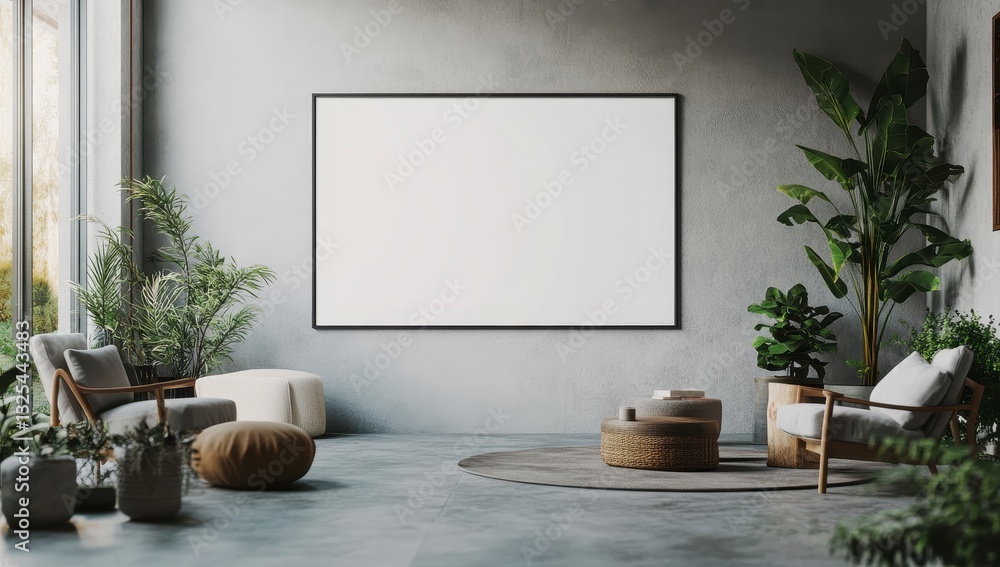 Fototapeta premium Modern minimalist interior design with empty frame and plants