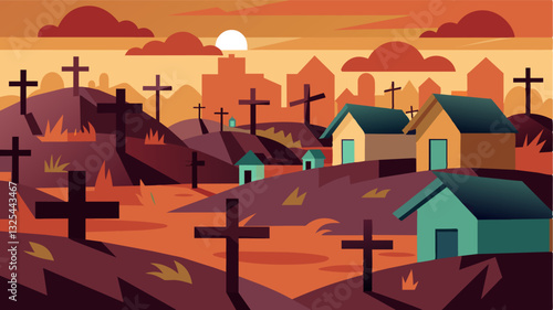 The village cemetery filled with freshly dug graves stands as a grim reminder of the human cost of the conflict that ravaged this community.. Vector illustration