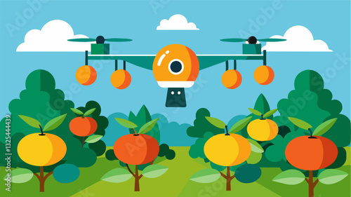Utilizing drones equipped with specialized cameras to detect diseases and nutrient deficiencies in the orchard allowing for early intervention and prevention.. Vector illustration