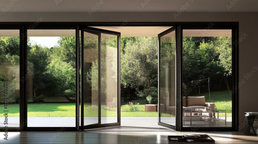 Fototapeta premium Minimalist folding doors with glass panels and slim black frames.