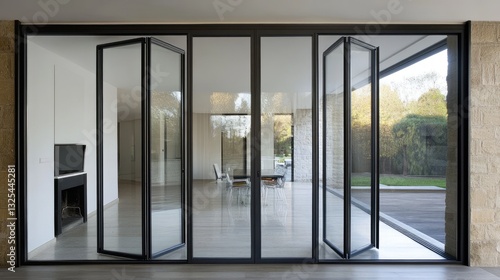 Minimalist folding doors with glass panels and slim black frames.