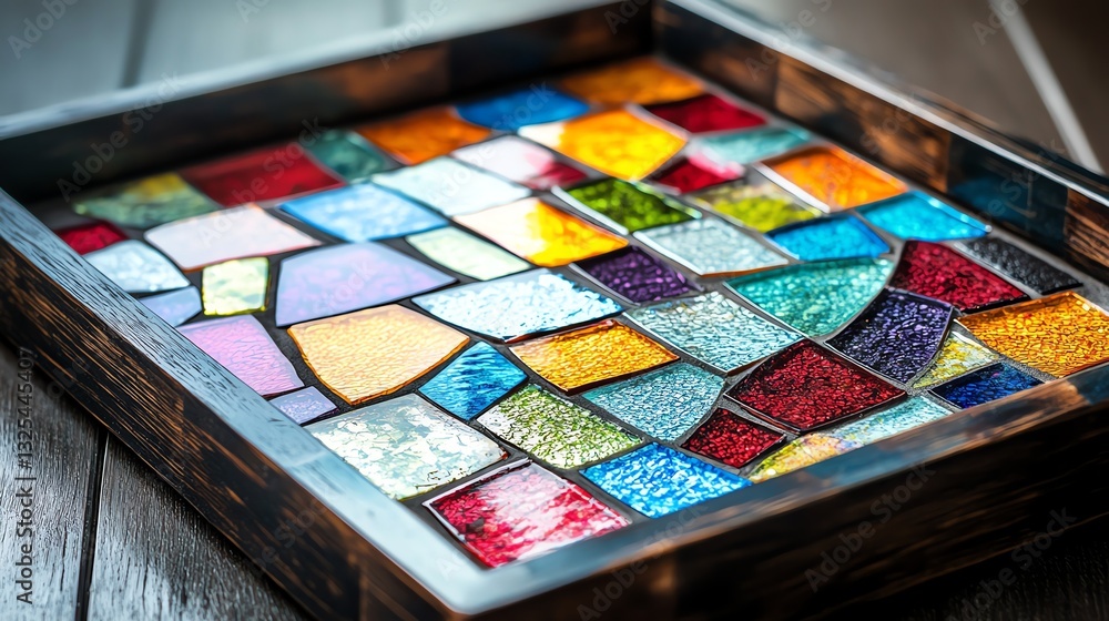 Naklejka premium A vibrant stained glass piece featuring an array of colorful, geometric shapes arranged within a wooden frame.