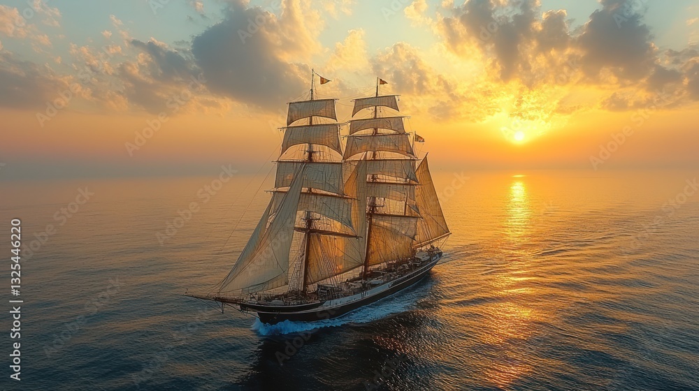 Obraz premium Majestic sailing ship at sunset, ocean view.