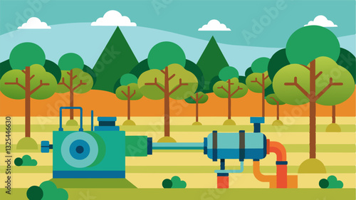 Water pumps are used to supply irrigation water to the orchard with variable speed drives to adjust water pressure as needed.. Vector illustration