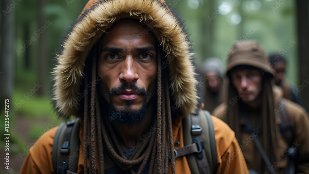 This image features a rugged individual in a fur-lined hood, set against a forest backdrop. The textures and natural light create a strong connection to the wilderness. This image features a rugged individual in a fur-lined hood, set against a forest backdrop. The textures and natural light create a strong connection to the wilderness.