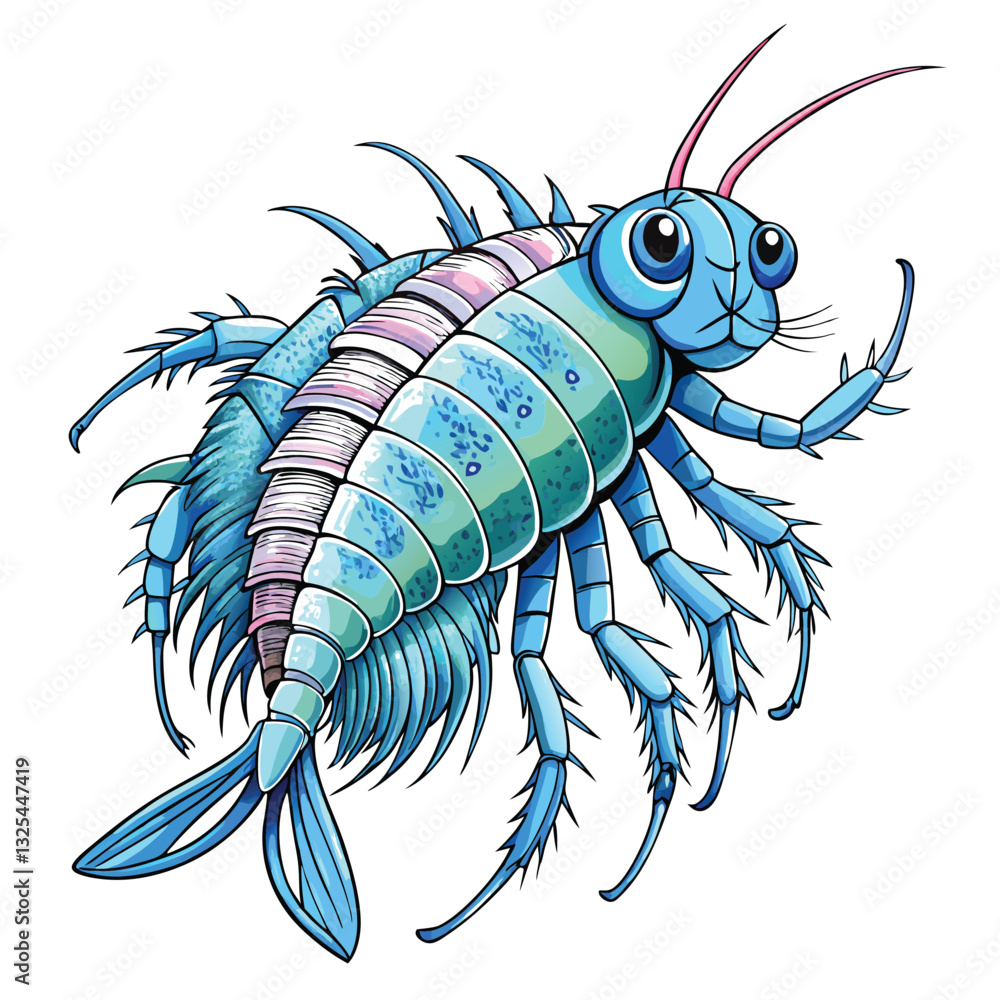 Extreme close-up of a copepod, a tiny crustacean, showcasing its intricate body details and single eye. High resolution, microscopic view. Extreme close-up of a copepod, a tiny crustacean, showcasing its intricate body details and single eye. High resolution, microscopic view.
