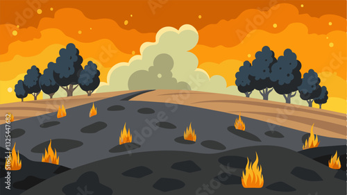 The thick layer of ash coating the fields ground was a somber reminder of the crops that once grew tall and proud reduced to nothing but ashes by the heat.. Vector illustration