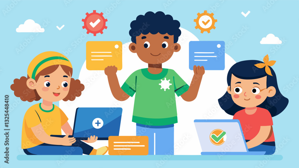 As they completed each lesson the kids received virtual badges and certificates motivating them to continue developing their coding skills.. Vector illustration As they completed each lesson the kids received virtual badges and certificates motivating them to continue developing their coding skills.. Vector illustration