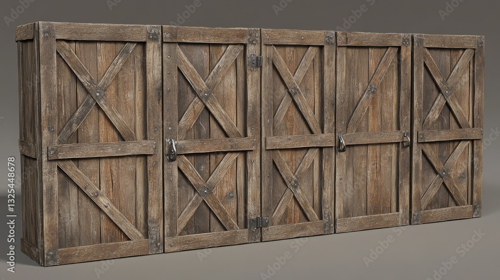 Rustic wooden folding doors with a weathered, antique finish. Rustic wooden folding doors with a weathered, antique finish.