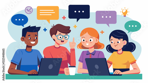 Excited chatter can be heard as a group of students participate in a live coding session discussing different coding techniques and working together to solve complex problems.. Vector illustration