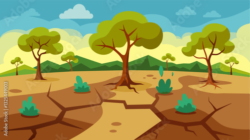 The soil once rich and fertile now cracks and crumbles underfoot unable to sustain the struggling trees.. Vector illustration