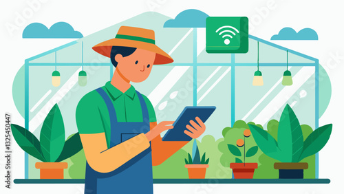 Using a specialized app a farmer remotely controls the temperature and humidity levels in a greenhouse ensuring optimal growing conditions for his crops.. Vector illustration