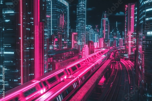 Futuristic train racing through neon lit city at night for technology, transportation themes