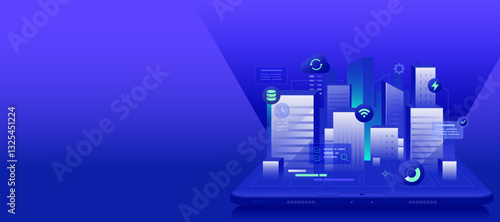 Digital Construction Building Automation Banner, Concept of smart construction iot technology of buildings as an application on tablet