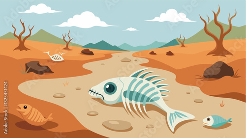 The skeletal remains of fish and other aquatic creatures lie tered along the dry canal bed a grim reminder of the ecological impact of the water shortage.. Vector illustration