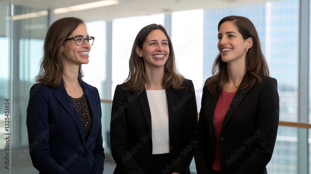 Professional women smiling together in modern office business environment positive atmosphere Professional women smiling together in modern office business environment positive atmosphere